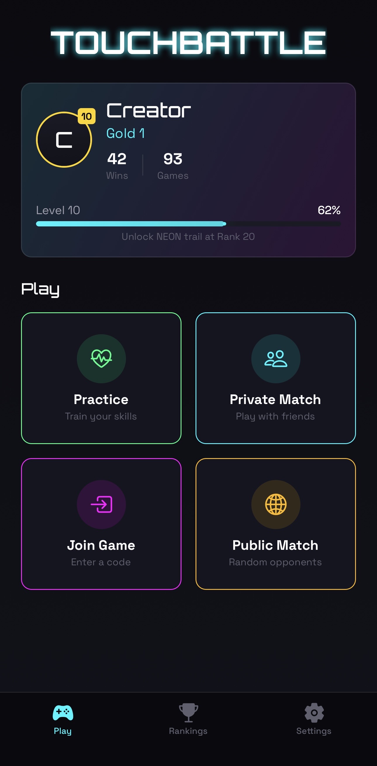 TouchBattle PVP main menu
