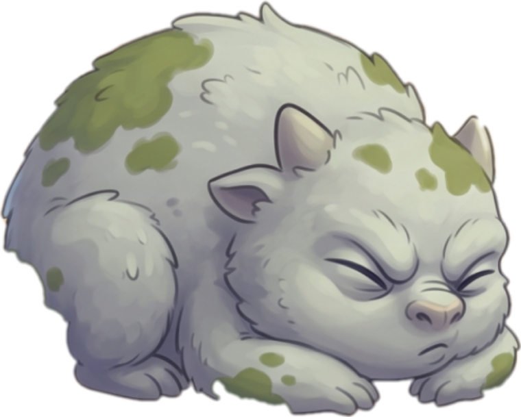 The Mossy Grump, a round white plush creature fast asleep